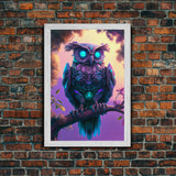 Cyberpunk Robot Owl, framed canvas print, Cybernetic android owl art, vaporwave aesthetic futuristic art
