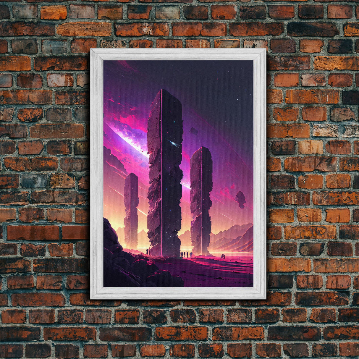 The Monoliths, Scifi art, retro synthwave style alien planet art, framed canvas print