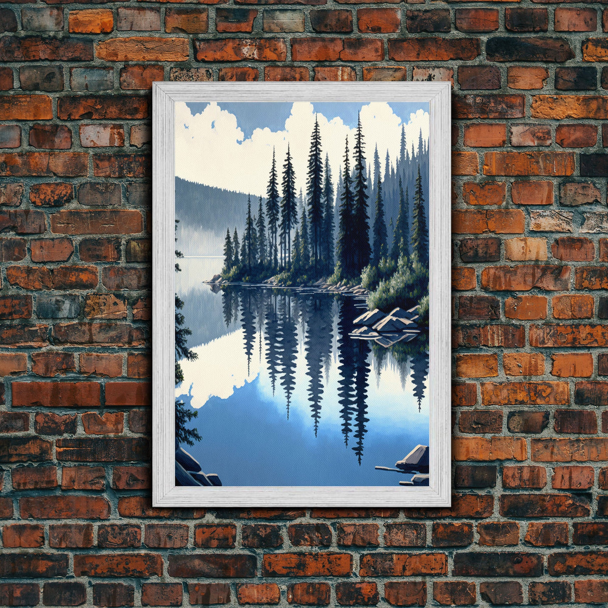 Washington State Pine Tree Forest and Lake Reflection, Framed Canvas print, watercolor painting print, unique living room wall art