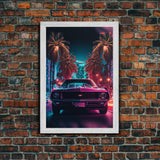 American Muscle Car on Sunset Strip, Retro Synthwave Art, Framed Canvas Print, Gift For Him, Muscle Car Art