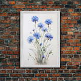 Blue Bachelor Buttons Art Print - Framed Giclee Oil Painting Print - Oil Painting Still Life Original - Large Flower Canvas Print or Poster