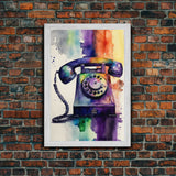 Retro Rotary Phone Art, Watercolor, Framed Canvas Print, Large Wall Art, Retro Style Decor