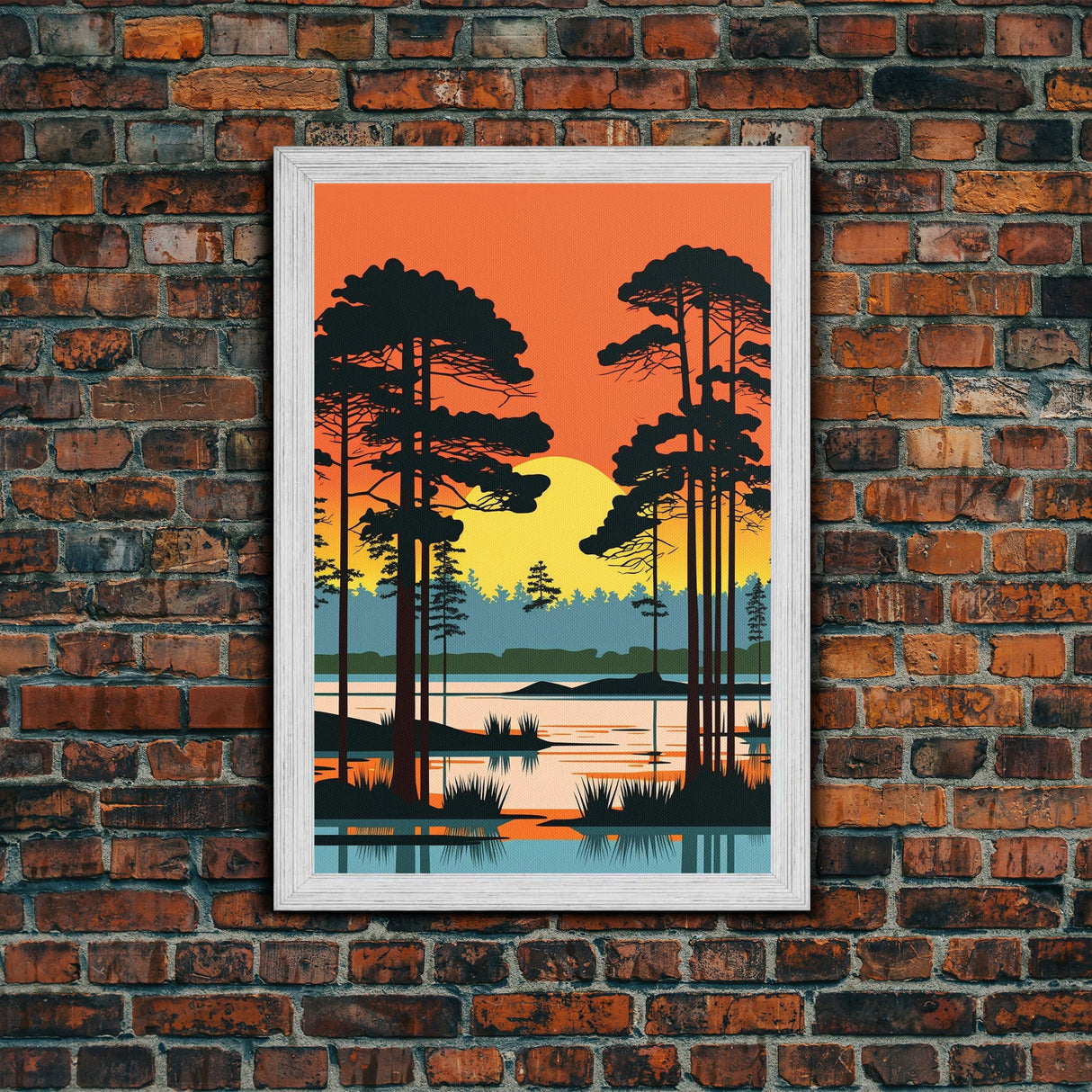 Vintage Style Art, Framed Canvas Prints, Lake and Pine Tree Forest Landscape, Florida Everglades at Sunset