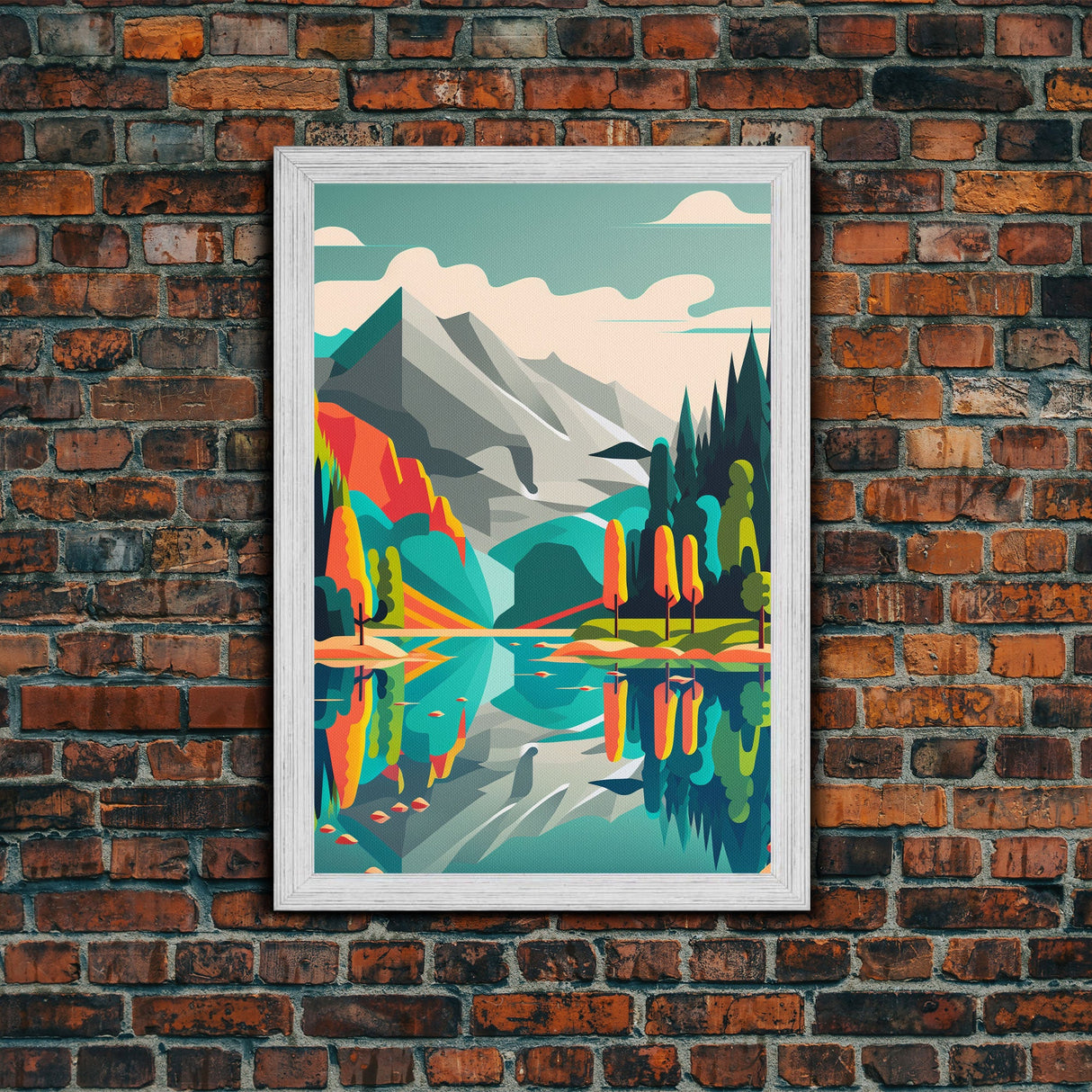 Retro Midcentury Style Wall Art, Framed Canvas Print, Colorful Wall Art, Mountain Landscape, Office Decor, Low Res Art