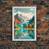 Retro Midcentury Style Wall Art, Framed Canvas Print, Colorful Wall Art, Mountain Landscape, Office Decor, Low Res Art