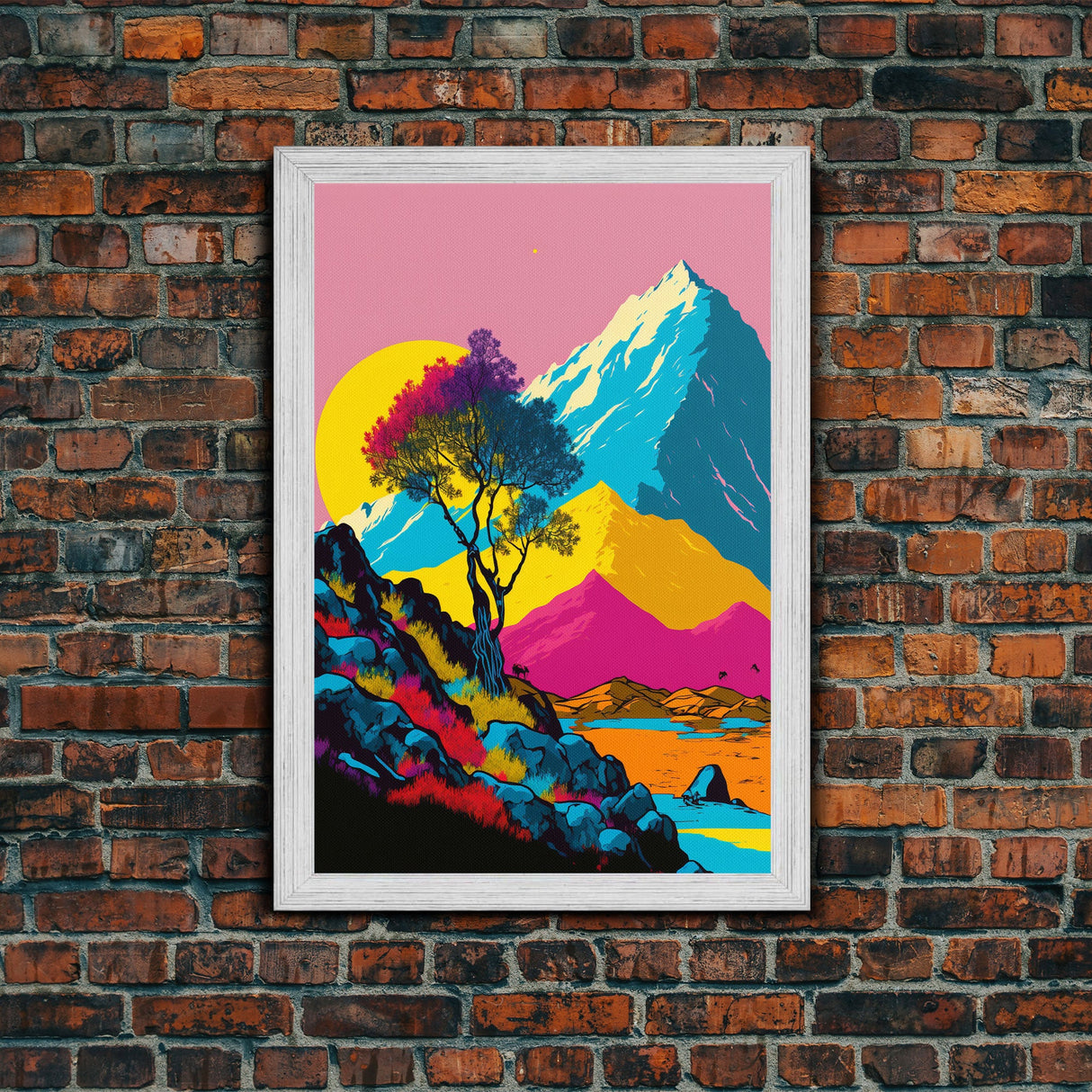 Retro Midcentury Style Wall Art, Framed Canvas Print, Colorful Wall Art, Mountain Landscape, Office Decor, Low Res Art