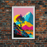 Retro Midcentury Style Wall Art, Framed Canvas Print, Colorful Wall Art, Mountain Landscape, Office Decor, Low Res Art