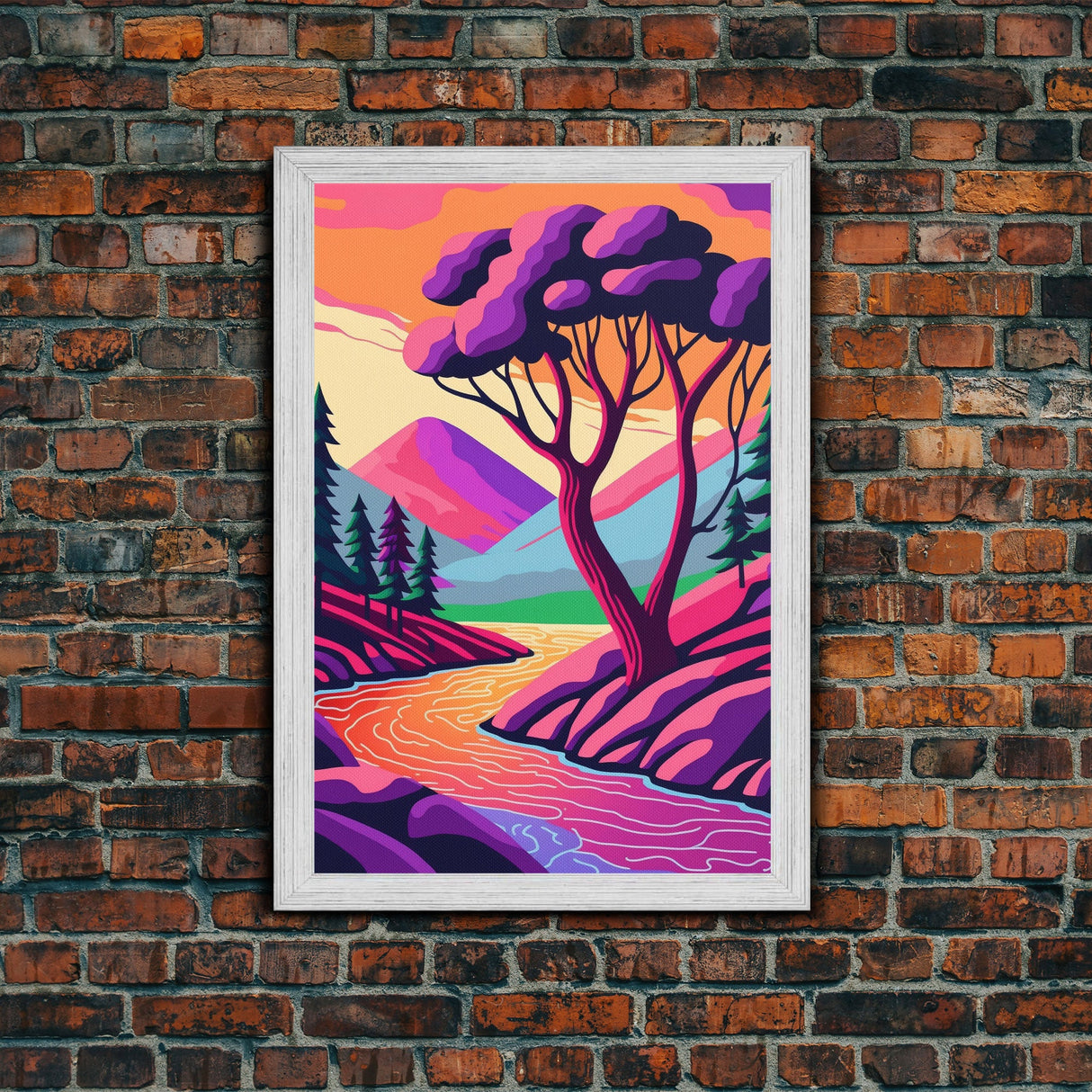 Surrealist Pop Art, Pink Fantasy Landscape Art, Framed Canvas Print