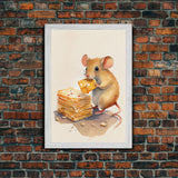 Mouse eatin' some cheese Watercolor Print, Mouse Art Painting, Framed Canvas Print, Cute mouse cartoon