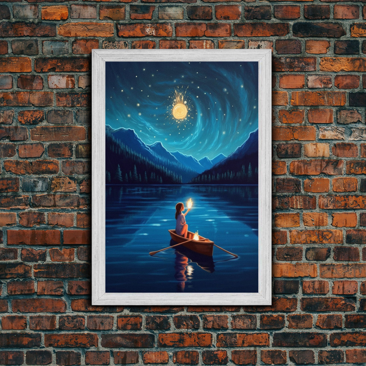 Starry Night, Girl Wizard Lights Up The Night Sky, Fantasy Art, Framed Canvas Print, Fantasy Painting Print, Original Art