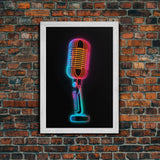 Neon Lights Retro Microphone Wall Art, Vibrant Art, Music Room Wall Art, Minimalist Print, Wall Decor, Canvas Print, Wall Art, Framed Canvas