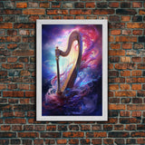Heavenly Harp Among The Stars, Harp Art, Harp Print, Framed Canvas Art, Harp Wall Decor, Music Gift