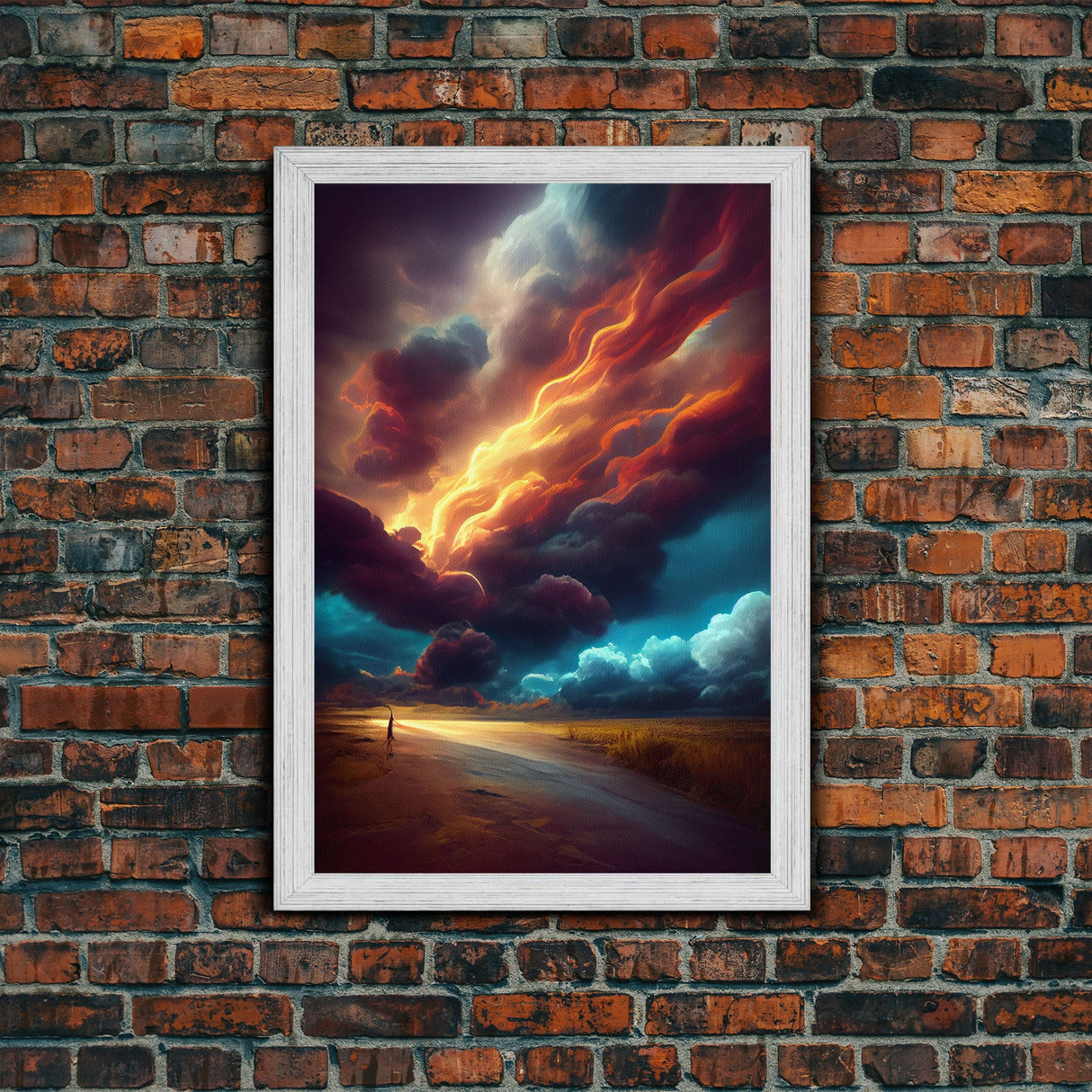 Watercolor painting canvas print of a thunder storm, gloomy wall art, golden hour, cool rain storm wall art
