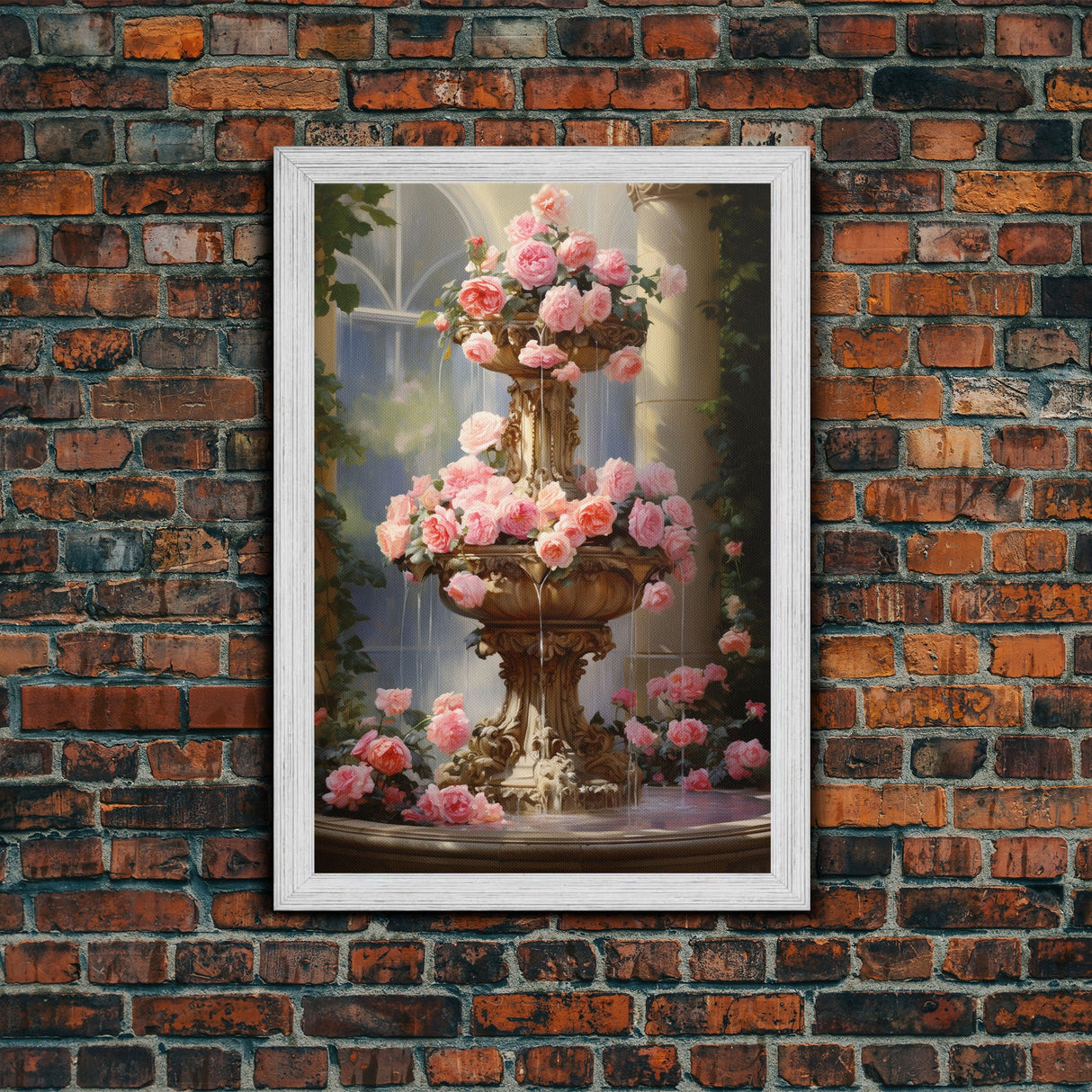 Fountain Wall Print, Pink Roses Wall Art, Flower Art Print, Canvas Print, Wall Art, Vertical Print, Botanical Art, Country Home Decor