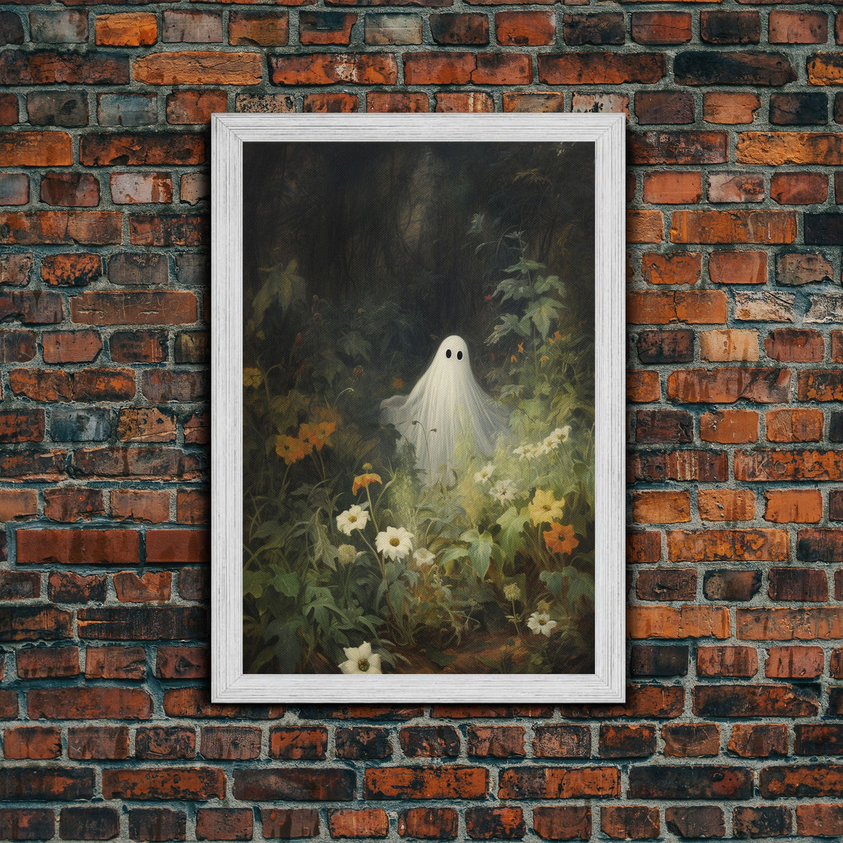 The Ghost Amongst The Flowers, Halloween Canvas Print, Framed Canvas Art, Halloween Decor, Dark Academia, Horror Prints, Oil Painting