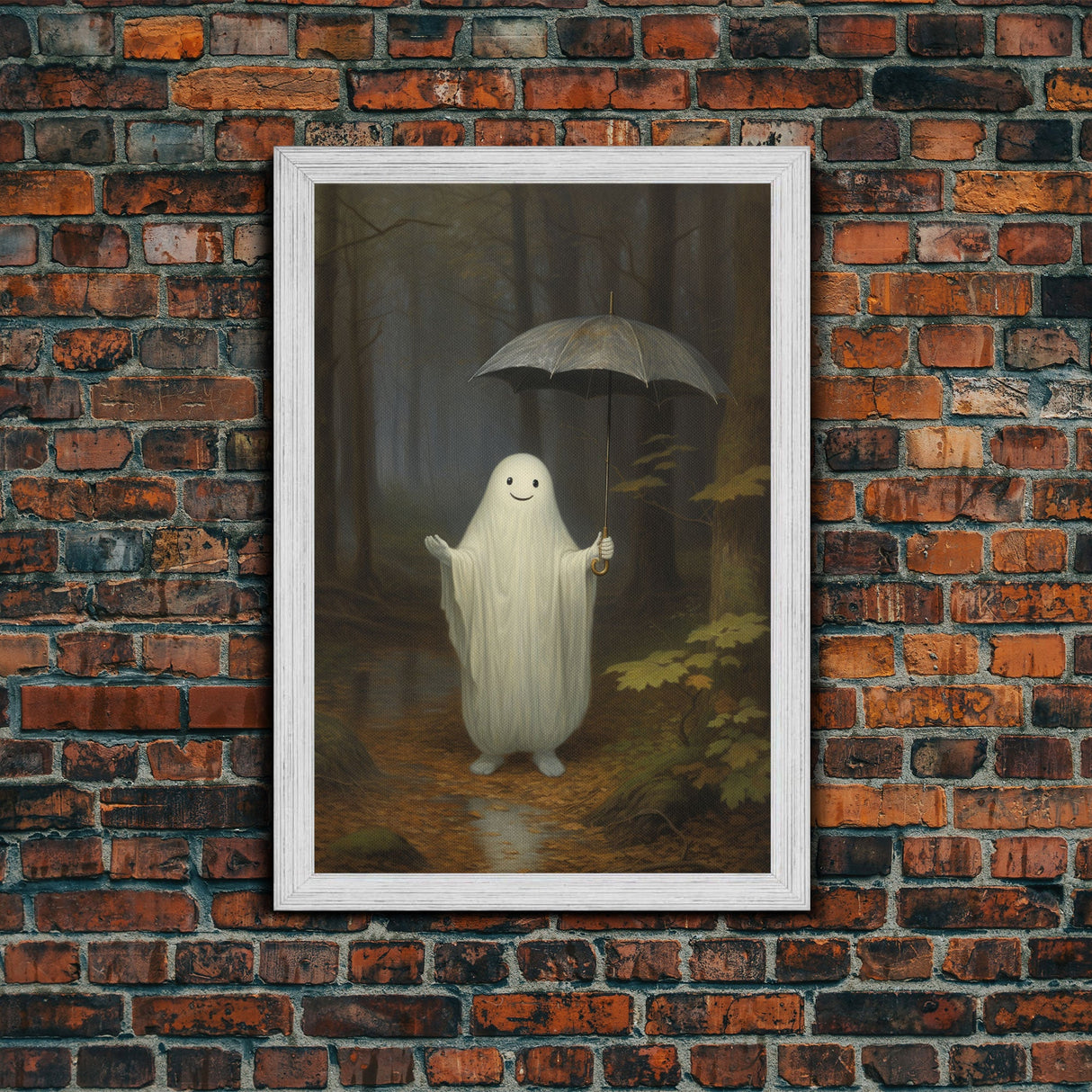 Goofy Ghost In The Rain,  Vintage Halloween Canvas, Framed Canvas Print, Cute Wall Art, Who's Haunting Who?