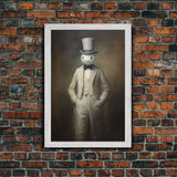 Ghost Wearing A Top Hat, Victorian Gentleman Ghost, Framed Canvas Print, Halloween Canvas Art, Unique Spooky Decor, Gothic Dark Academia Art