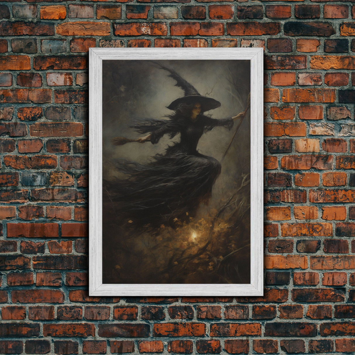 Spooky Season Witch Decor, Witch Painting Framed Canvas Print, Halloween Art, Witch Art, Witchcraft, Witch Decor, Felt Witch Hat
