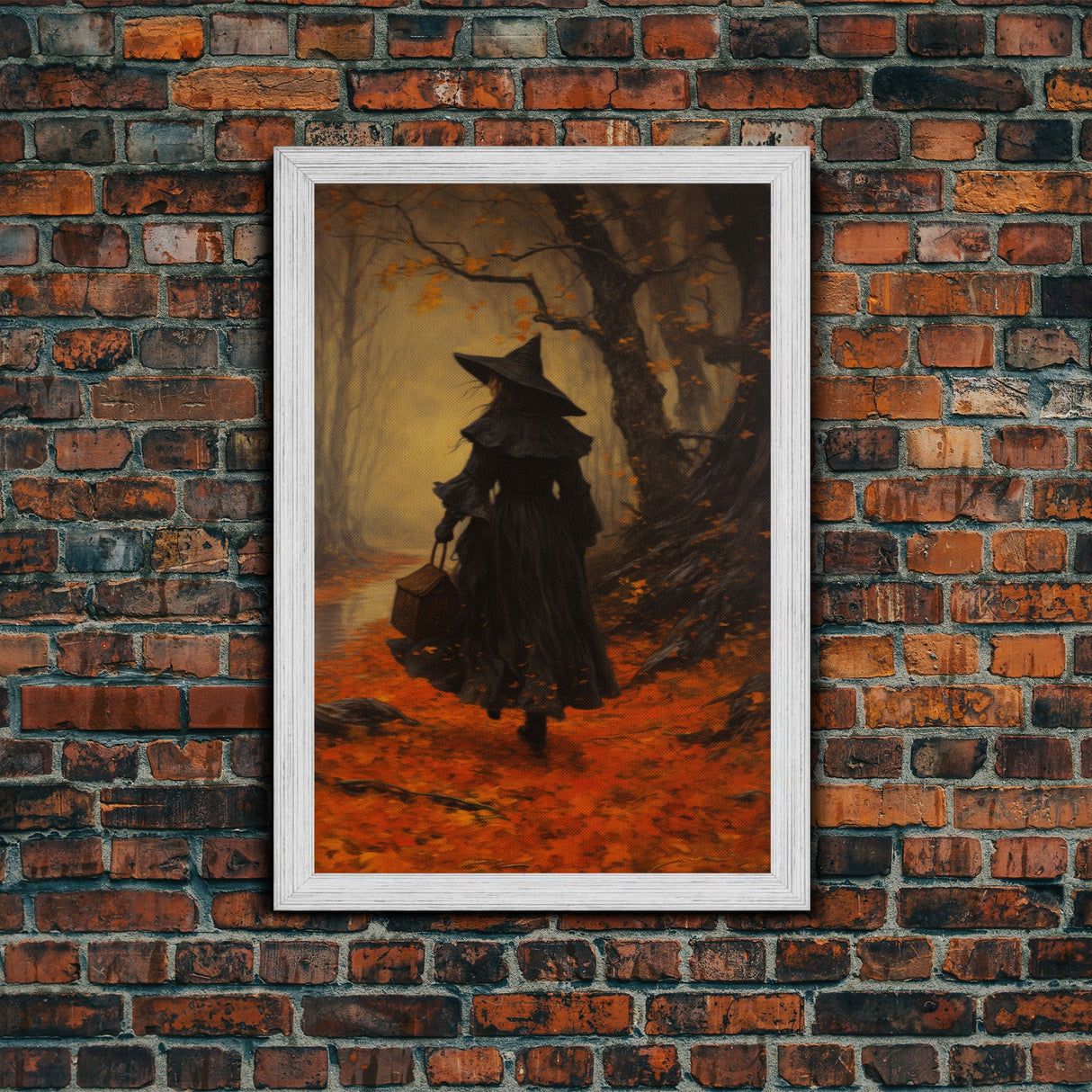 The Witch, Witch Decor, Halloween Witch, Framed Canvas, Retro Hallowen Wall Art, Halloween Canvas, Witch Painting, Fall Decor, Fall Leaves