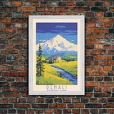 Denali National Park Alaska Travel Art, National Park Print, Minimalist Travel Art, Midcentury Modern Style Landscape Painting
