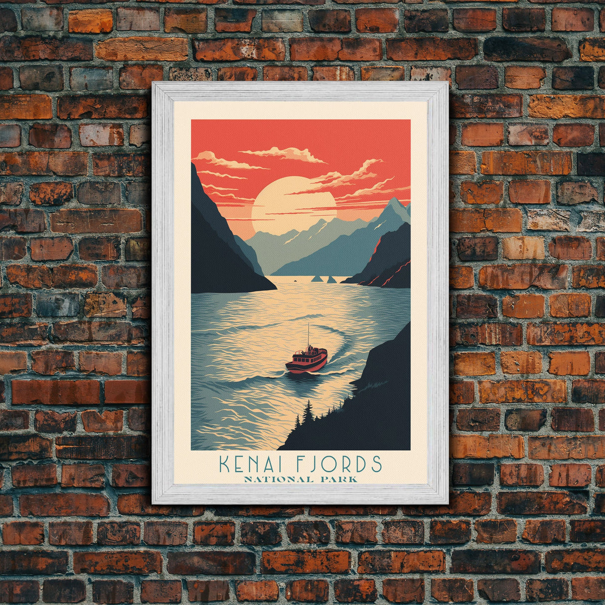 Kenai Fjords National Park Alaska Travel Art, National Park Print, Minimalist Travel Art, Midcentury Modern Style Landscape Painting