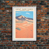 Great Sand Dunes National Park Travel Poster Art, Canvas Print Wall Art, Colorado Travel Art, Midcentury Modern Travel Decor, MCM Wall Art