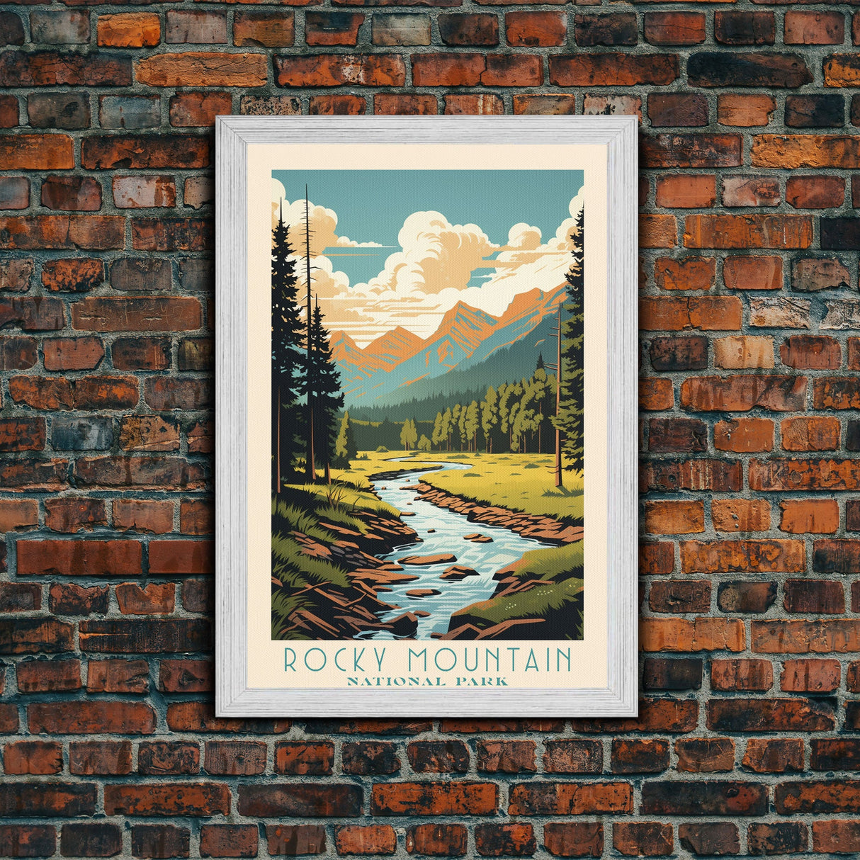 Rocky Mountains National Park Colorado Travel Art, National Park Print, Minimalist Travel Art, Midcentury Modern Style Landscape Painting