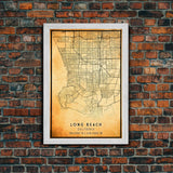 Long Beach map print poster or framed canvas | California map print poster canvas | Long Beach city map print poster canvas, distressed map