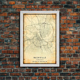Nashville Map Print, Framed Canvas Wall Art, Tennessee Street Map Art, Davidson City Street Road Map Wall Decor