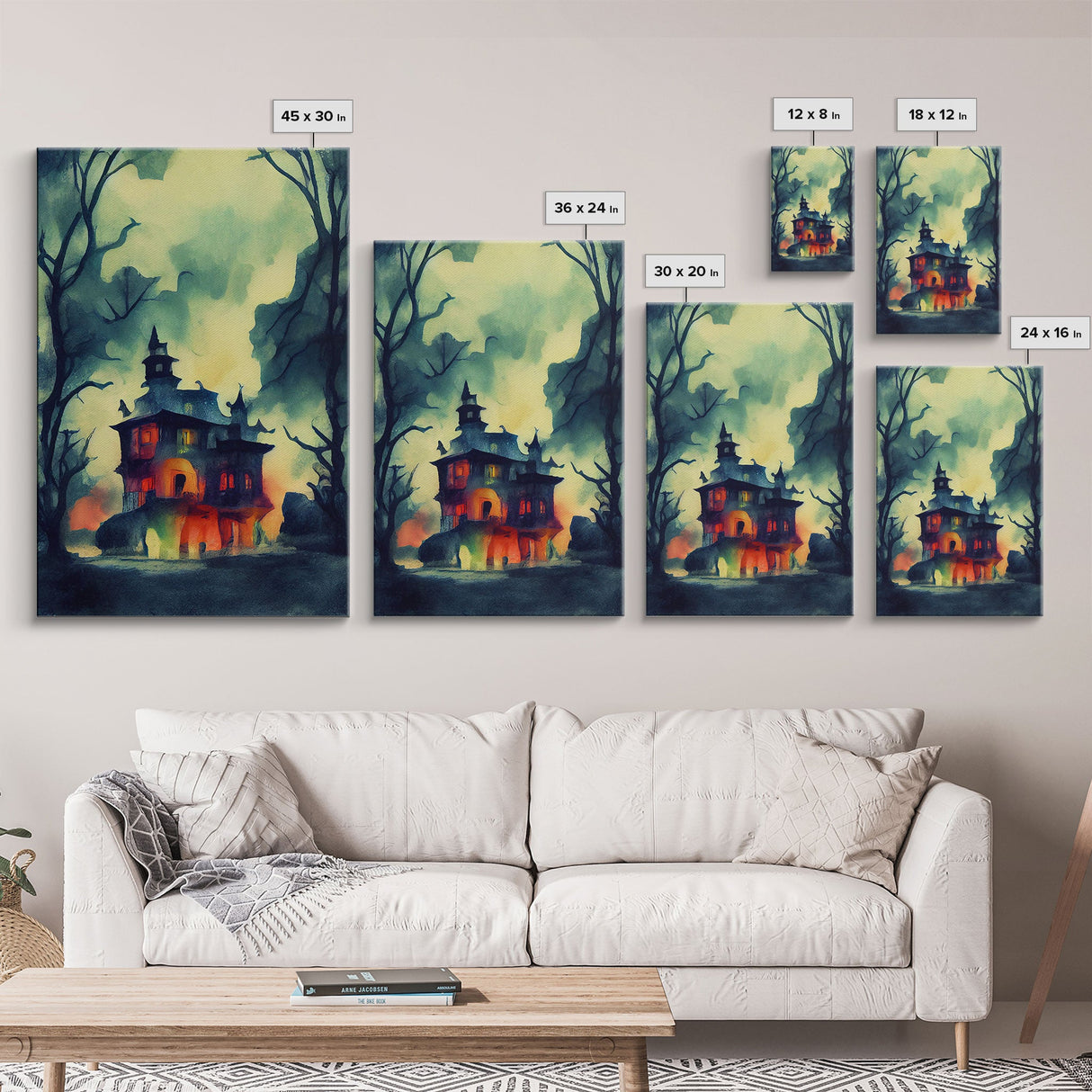 Spooky Watercolor of a Haunted House, Halloween Art, Framed Canvas Print, Ready To Hang Framed Wall Art, Living Room Wall Decor