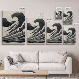 Black and White Tsunami Waves, Japanese Style Art, Framed Canvas Print, Ready To Hang Framed Wall Art, Living Room Wall Decor