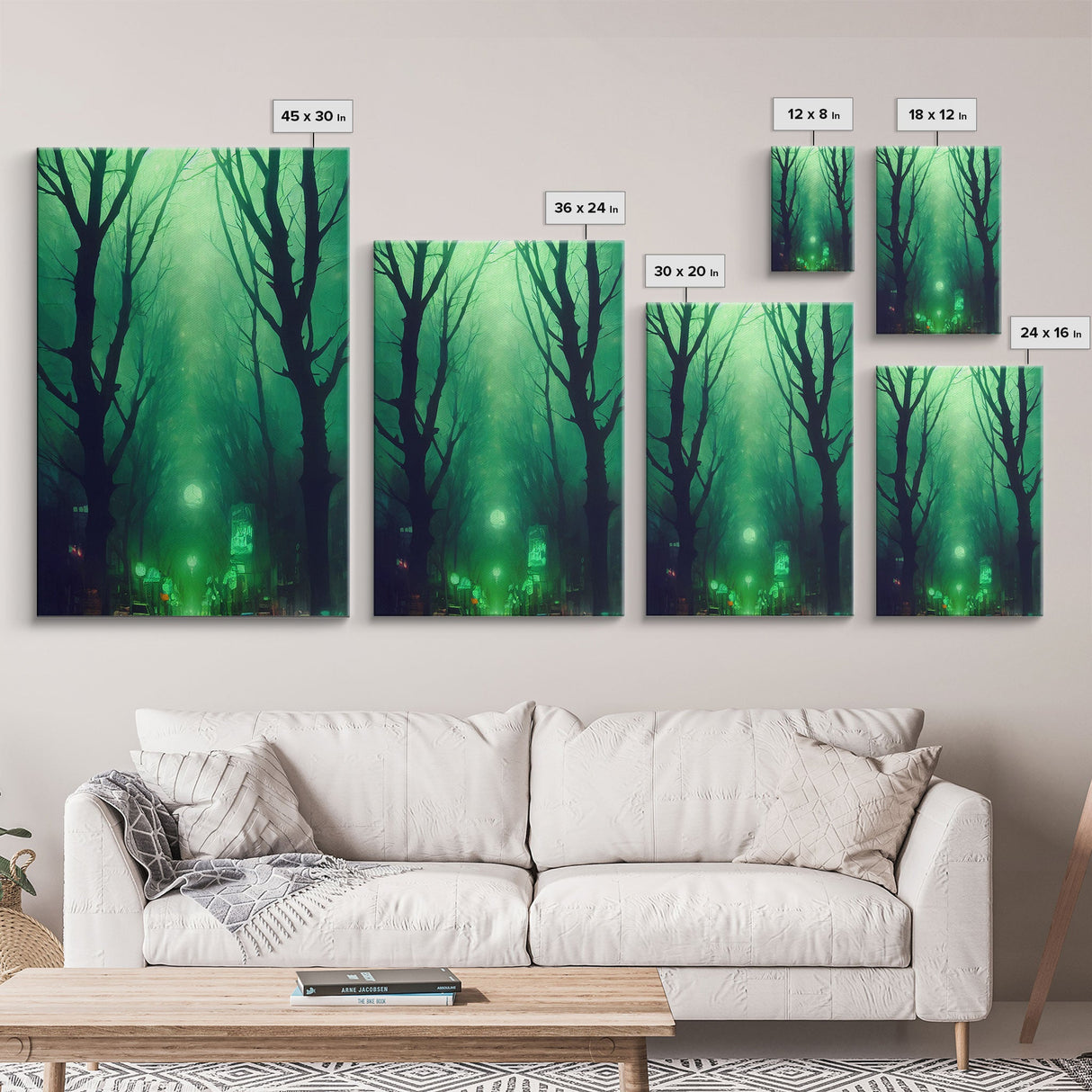 Emerald green city streets under a full moon, cool spooky art, framed canvas print