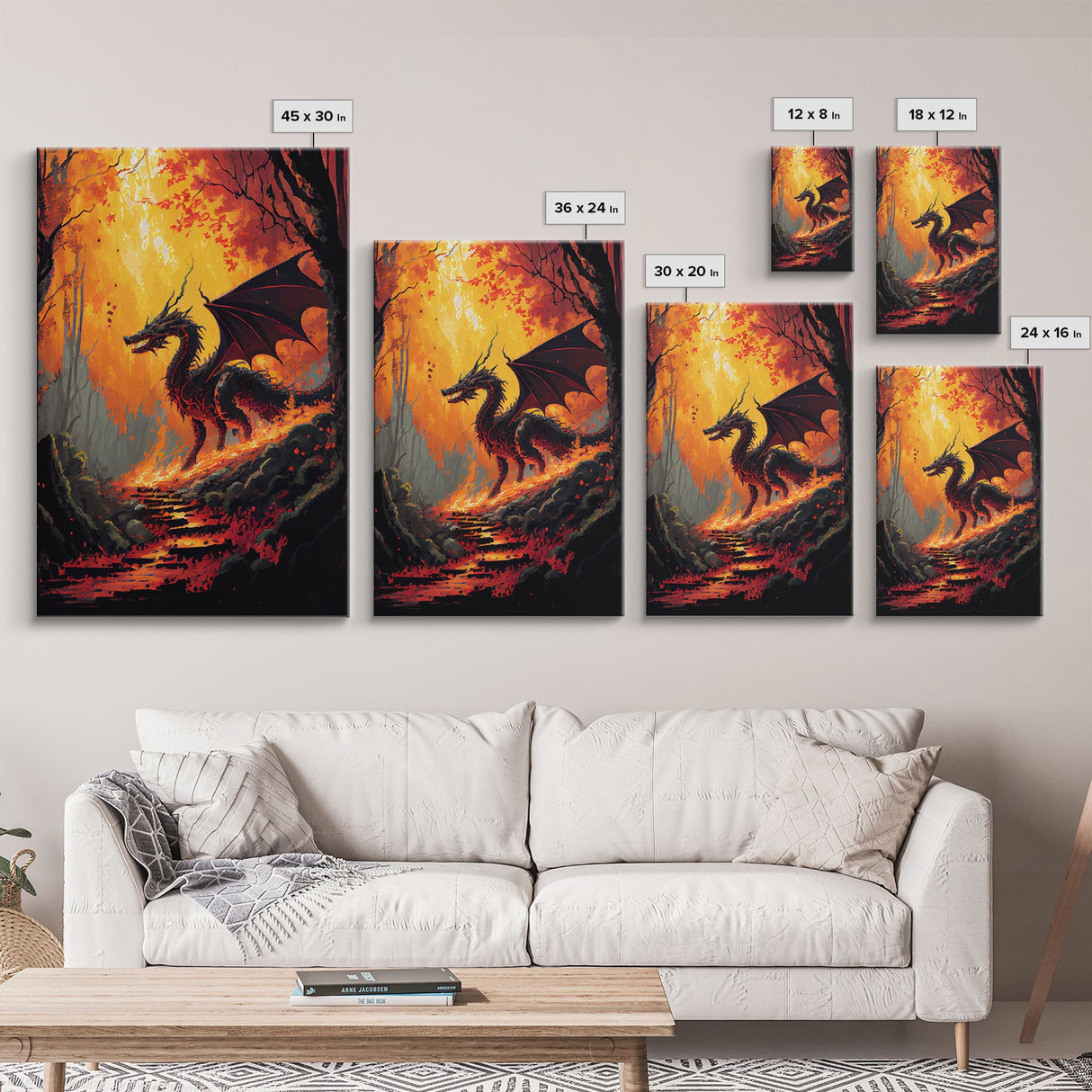 Fiery Dragon Burning Down Forest Canvas Print - Mystical Fantasy Wall Art Home Decor Artwork