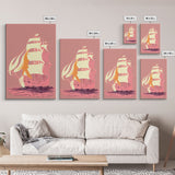Pastel pirate ship, pink boat, vaporwave pirate ship, framed canvas print, framed wall art