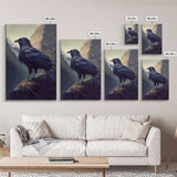 Portrait of a raven in the mountains, crow art, framed canvas print, framed wall art
