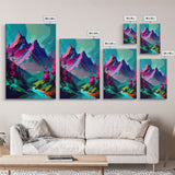 Vibrant Vaporwave Mountain Watercolor Wall Art Canvas Print - Colorful Nature Scene Artwork
