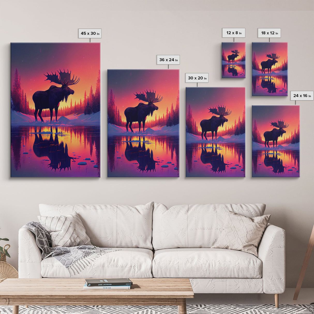Moose of Canada, retrowave inspired Nature art, framed canvas print, cabin art, colorful farmhouse decor