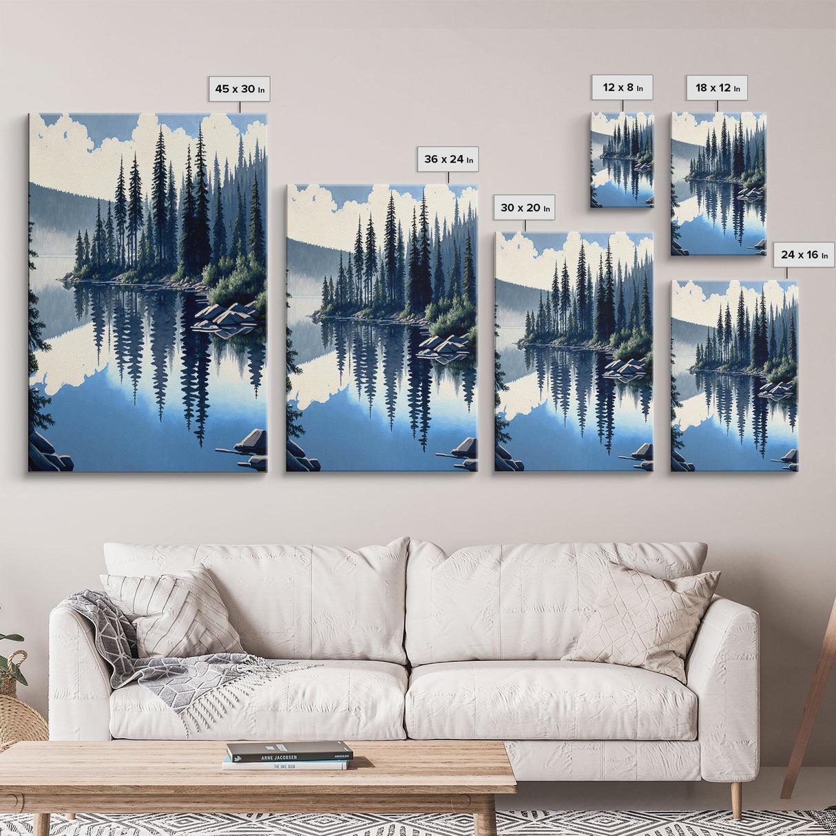 Washington State Pine Tree Forest and Lake Reflection, Framed Canvas print, watercolor painting print, unique living room wall art