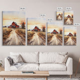 Sunset Over A Red Barn, Watercolor Painting Canvas Print, Country Poster Art,  Framed Canvas, Country Roads, Rustic Farmhouse Decor