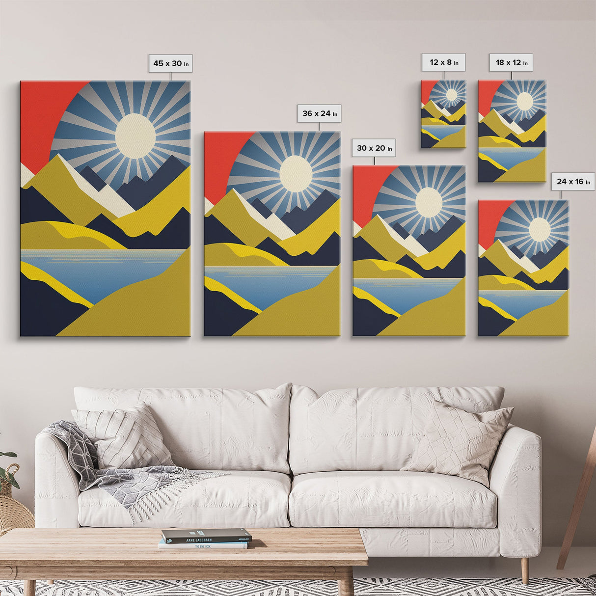 Scandinavian Style Midcentury Wall Art, Framed Canvas Print - Art Deco Minimalist Sunset Retro Style Wall Art Sepia Tones