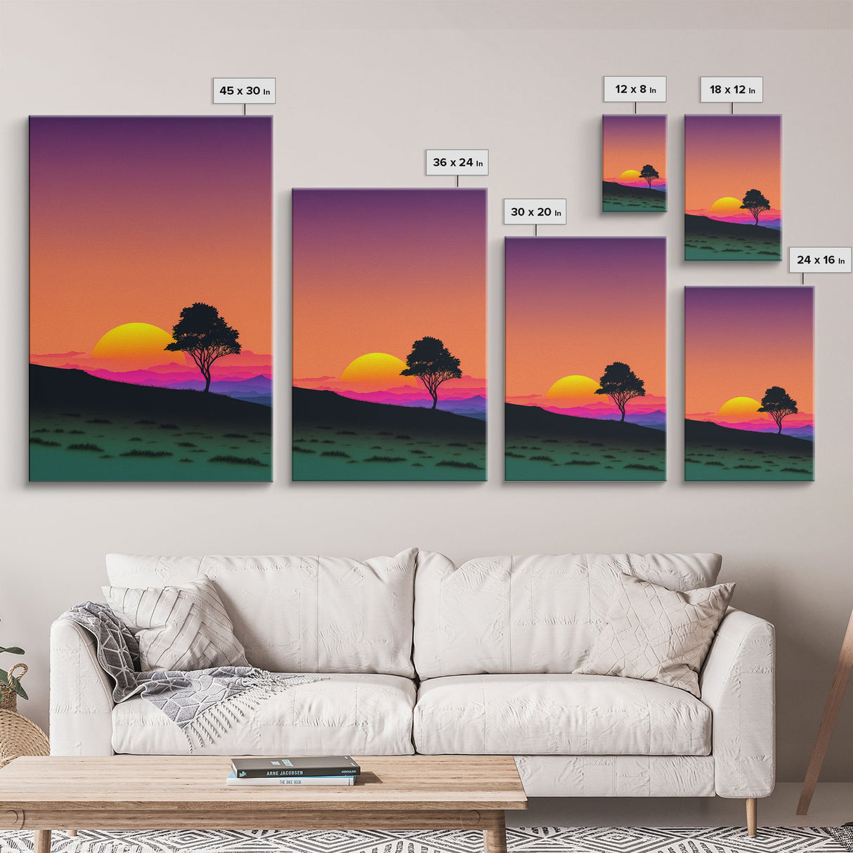 A Lone Tree in a Texas Field At Sunset, Retro Style MCM Art, Framed Canvas Print, Trendy Wall Prints, Landscape and Sunset Outrun Art