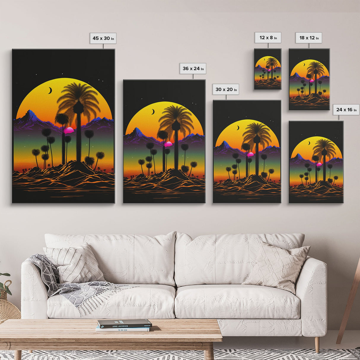 Pop Art Framed Canvas Print of Desert Landscape at Sunset, Outrun Style Sunset Full Moon Art, Unique 80s Vibe Retro Art