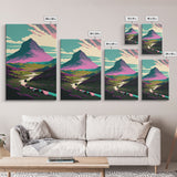 Retro Style Purple Mountain Landscape, Framed Canvas Print, MCM Style Art, Framed Wall Art, Wall Decor, Living Room / Guest Room Art