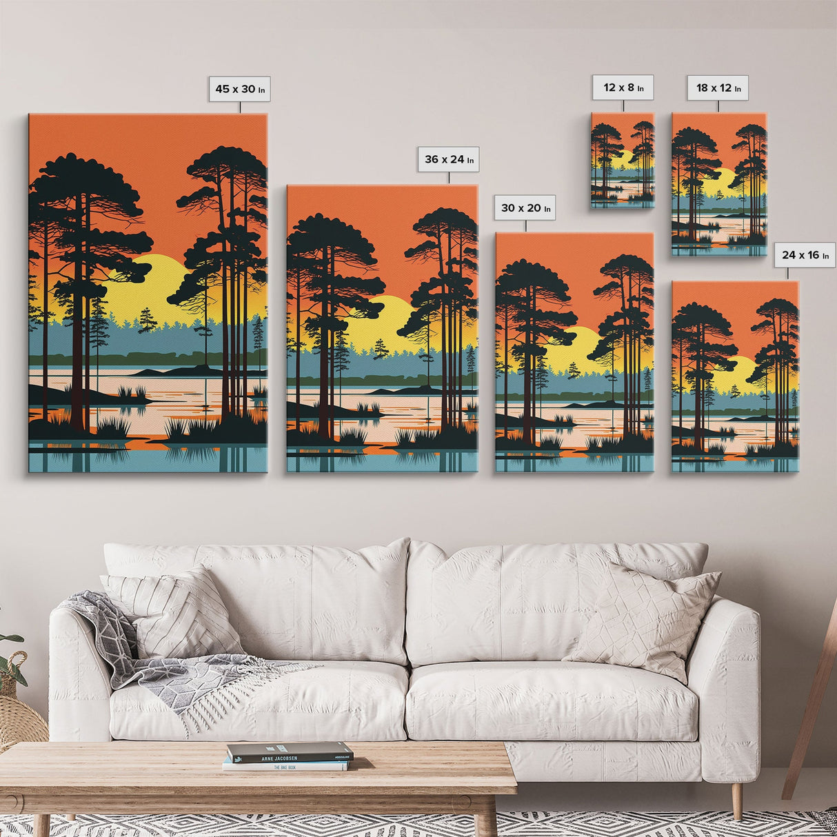 Vintage Style Art, Framed Canvas Prints, Lake and Pine Tree Forest Landscape, Florida Everglades at Sunset