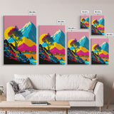 Retro Midcentury Style Wall Art, Framed Canvas Print, Colorful Wall Art, Mountain Landscape, Office Decor, Low Res Art