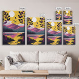 Colorful Pop Art Picture of a Mountain and Forest Landscape, Framed Canvas Print, Surrealist High Contrast Cel Shaded Landscape Art