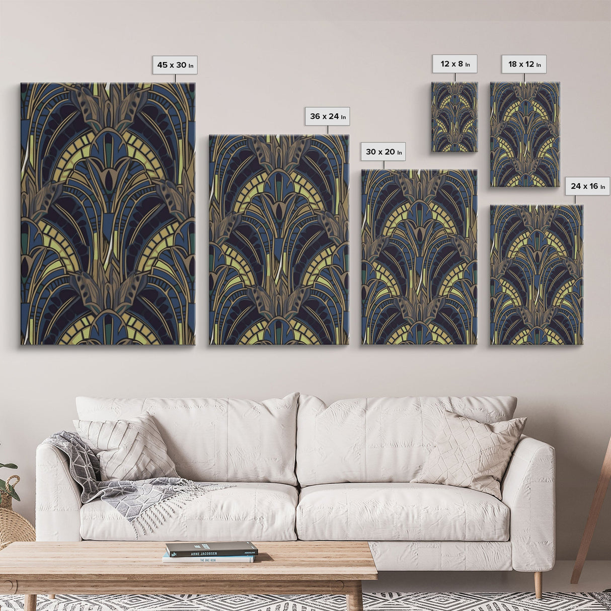 Midcentury Modern Wall art - Framed Canvas Print - Art Deco - Blue colors - Stained glass art - Patterns art - Mosaic art - Living room art