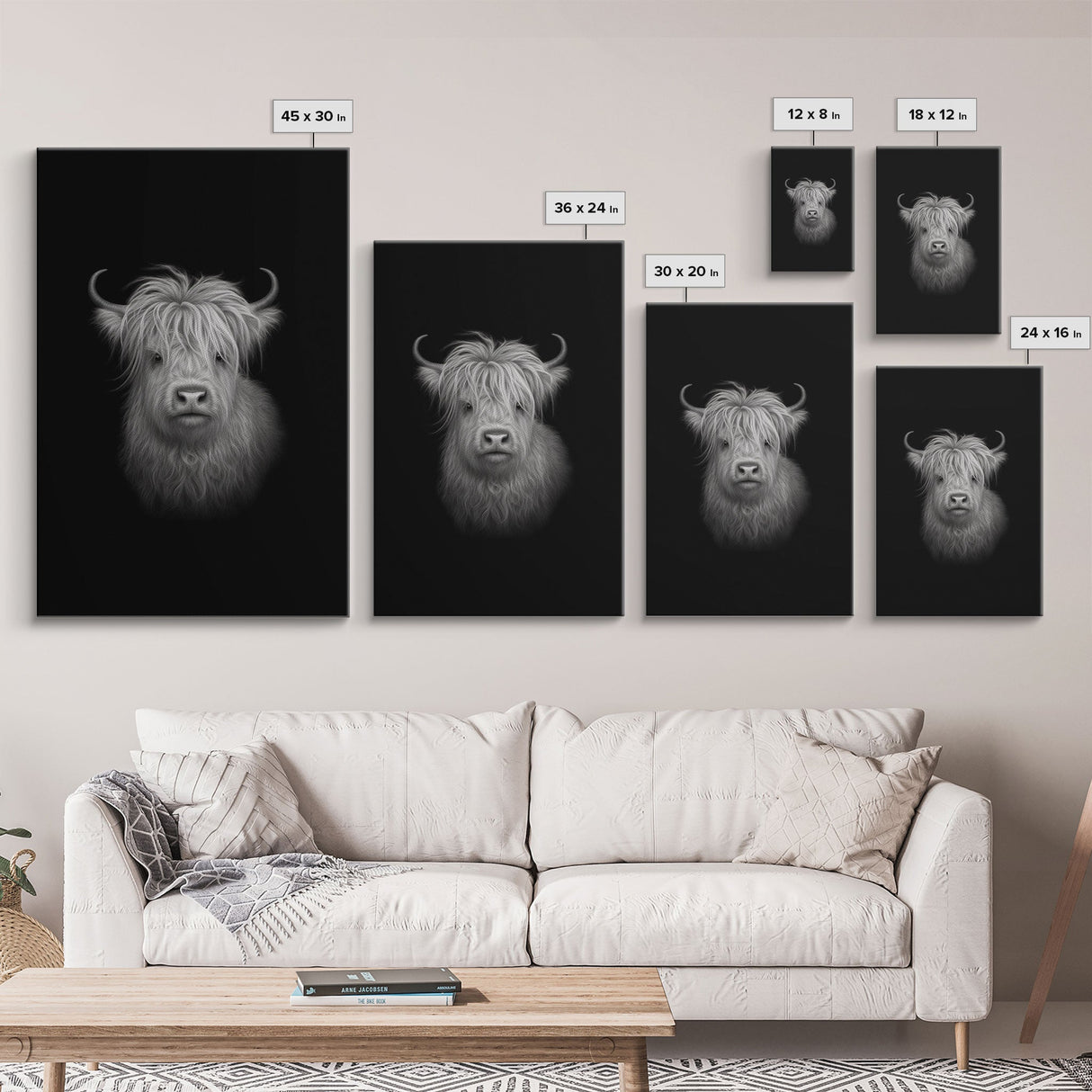 Highland Cow Art Print, Black And White, Animal Wall Decor, Minimalist Art, Wall Decor, Canvas Art, Wall Art, Framed Canvas Wall Decor