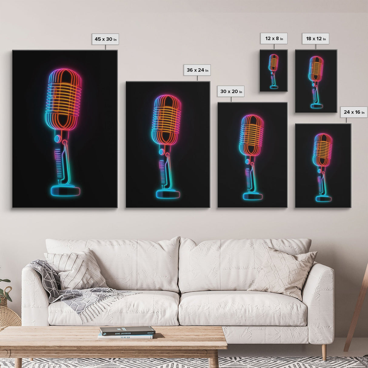 Neon Lights Retro Microphone Wall Art, Vibrant Art, Music Room Wall Art, Minimalist Print, Wall Decor, Canvas Print, Wall Art, Framed Canvas