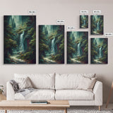 Waterfall in the forest canvas print, fantasy wall art, watercolor print, high fantasy, nature landscape living room wall art